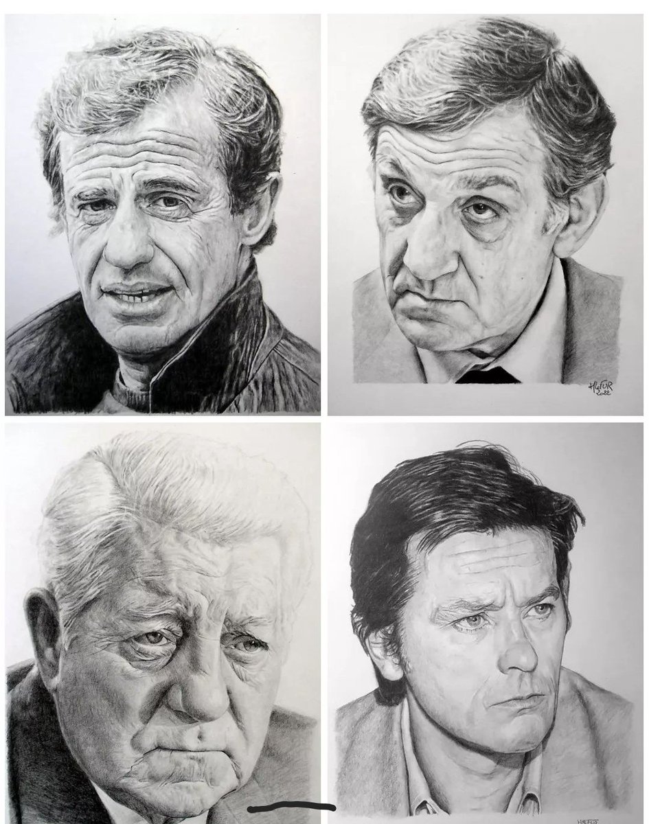Jean-Paul Belmondo, Lino Ventura, Jean Gabin, Alain Delon 
Dessins aux crayons Graphite du 4h au 9b 
Sur feuilles A3 Bristol