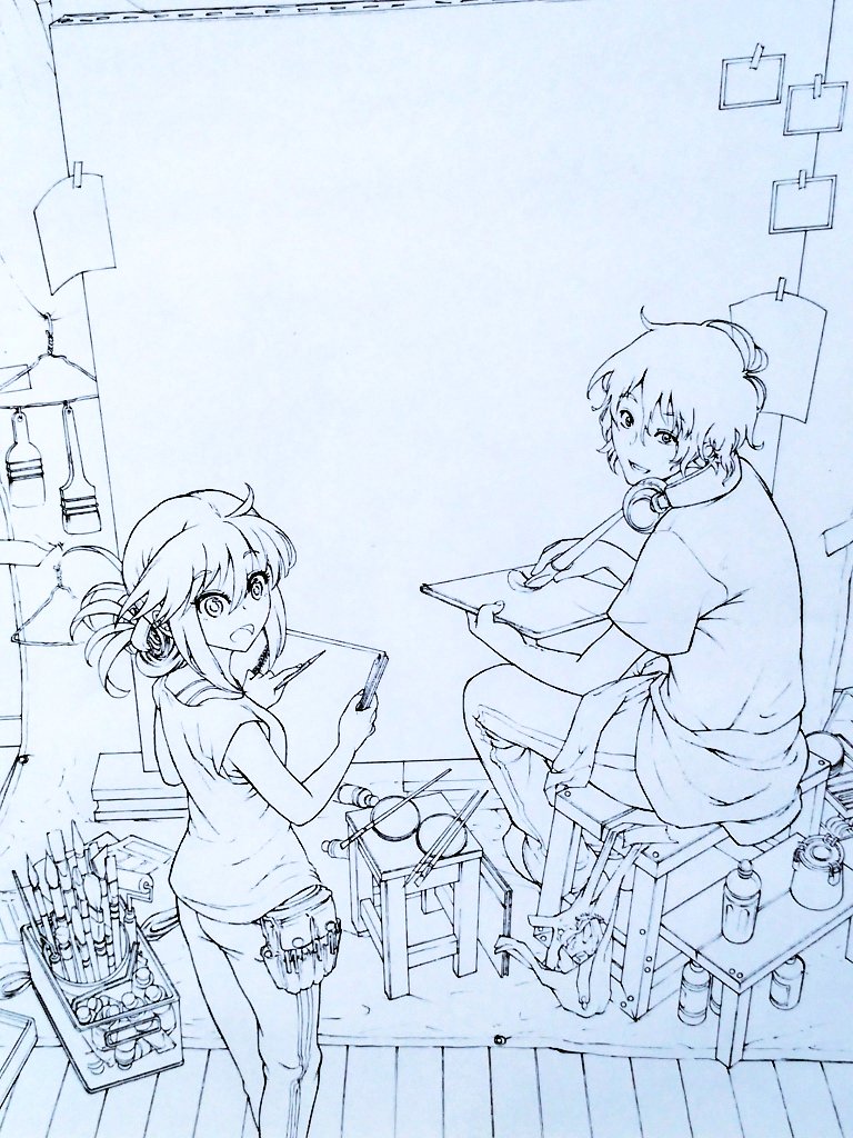 初センターカラー貰えた読み切りの扉絵下書き→ペン入れ→コピック 