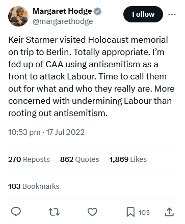 When ultra-Zionist fanatic Gideon Falter was targetting Jeremy Corbyn, Margaret Hodge was happy to be an 'Honorary Patron' of his so-called Campaign Against Antisemitism. As soon as Falter targeted Starmer, Hodge accused him of weaponising antisemitism. Funny that. #ItWasAScam