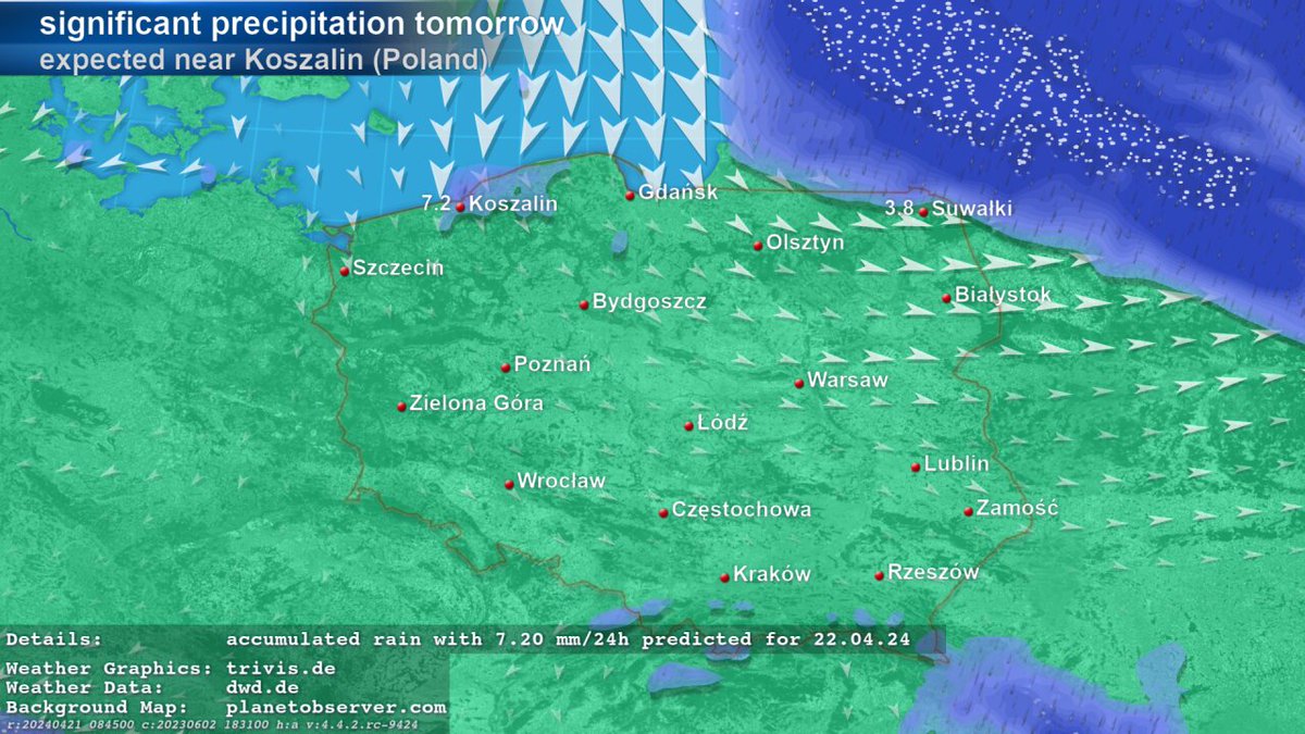 This #weather map shows the precipitation accumulated over 24 hours for #Poland for tomorrow. For #Koszalin 7.2 mm/24h are expected for 22.04.24. @MeteoprognozaPL @AlePogoda @twojapogoda