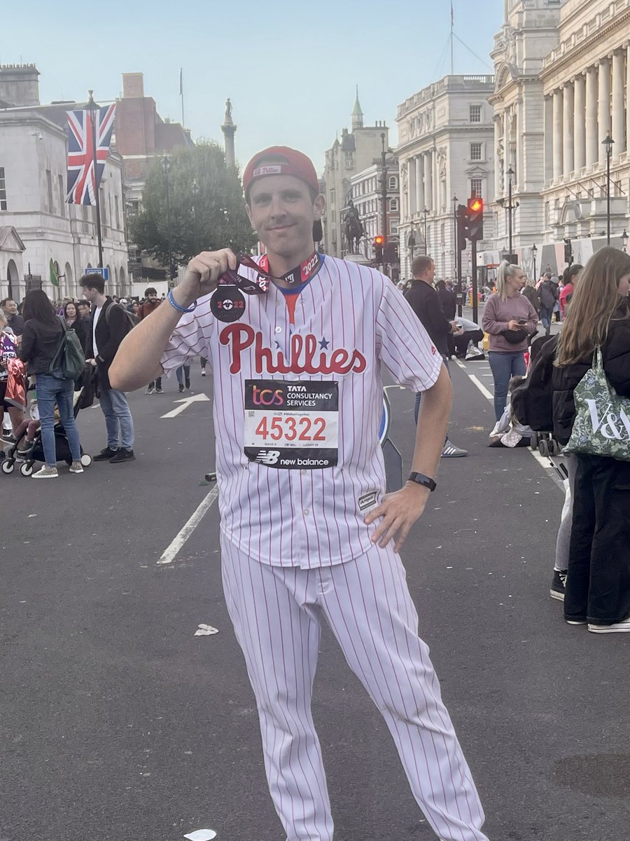 Watching the London Marathon… Bringing back memories of 2 years ago & one of the best achievements of my life, completing the London Marathon in full Phillies uniform and raising over £4,000 for Make a Wish!
