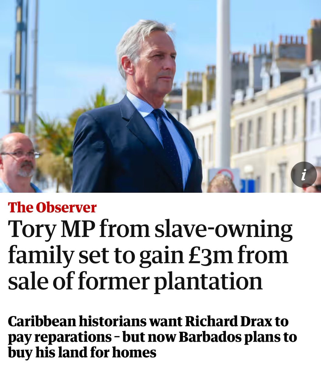 Richard Drax’s family made 150M from Barbados/Jamaica’s slave trade/sugar industry. Barbados needs the land to build housing & are buying it for £3M @miaamormottley just take the land!! How are descendants of SLAVES paying descendants of SLAVE OWNERS for land?