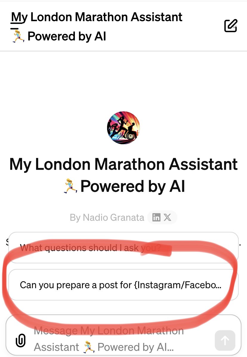 Who are you supporting in today’s @LondonMarathon? Use this little #GPT4 #chatbot to craft your best #instagram #Facebook #twitter post instantly. Tag their #charity too. @BBCNews can you rt please?