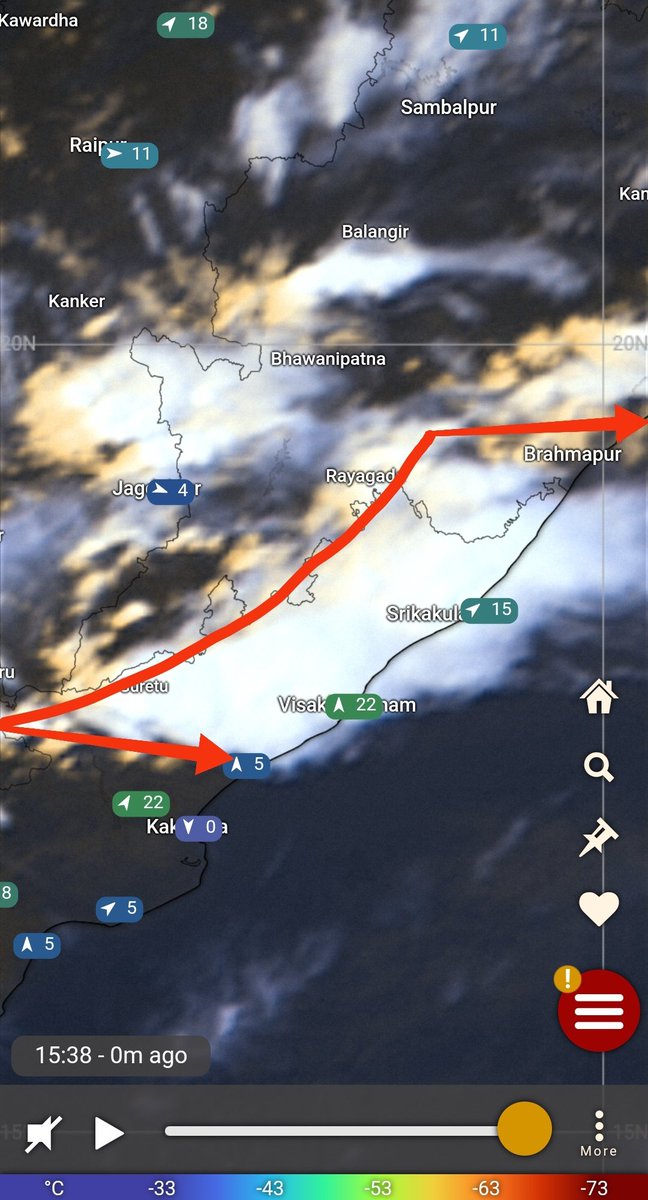 🔴 A Moderate Gale force #Norwester formed over the peaks of #EasternGhats causing gale force gusty winds of 65 Kph along with extremely intense showers (62 mm/h) at #Vizianagaram. Nearby #ArakuValley also experiencing intense showers (45 mm/h) while🌡️fall to 13°C in an hour! ⚠