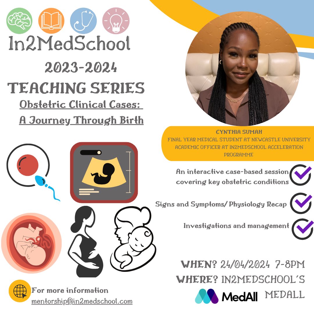 Exciting upcoming Lecture by Cynthia  Sumah, Final year medical Student at University of Newcastle on Obstetric Clinical cases:A Journey through birth! This Wednesday on Medall platform at 7pm! ✨🙌  app.medall.org/c/in2medschool