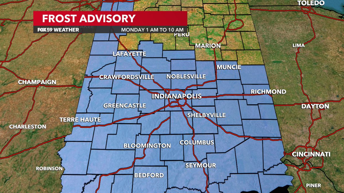 Frost Advisory>>Clearing skies, light winds & lows in the 30s will make frost formation more likely MON morning. Frost Advisory begins at 1 AM and will expire at 10 AM. Be sure to cover any sensitive plants before going to bed tonight! #INwx @FOX59 @theWXauthority #FOX59morning