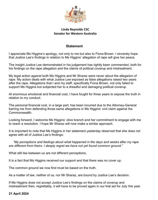 The Linda Reynolds statement sounds bitter and spiteful. I don't for one second believe that she wishes anything good for Ms Higgins. 
#Lehrmann #LindaReynolds #auspol