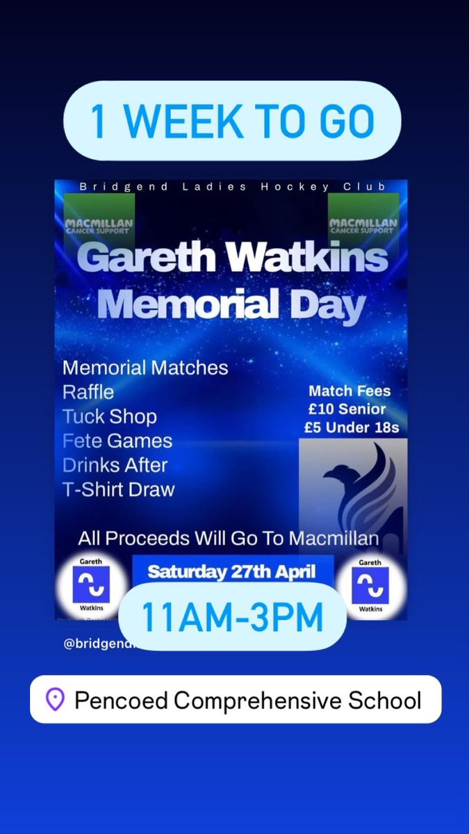 Next Saturday 
📍Pencoed Comp School (Hockey)
⏰ 11-3pm
🍟 Pencoed social club, CF35 6TB after for chip butties 🥪 
🎟️ Raffle with some brilliant prizes including escape room tickets, super car driving experiences & afternoon tea. 
👕 T-Shirt Draw
🎯Games 
Can’t wait 😁
