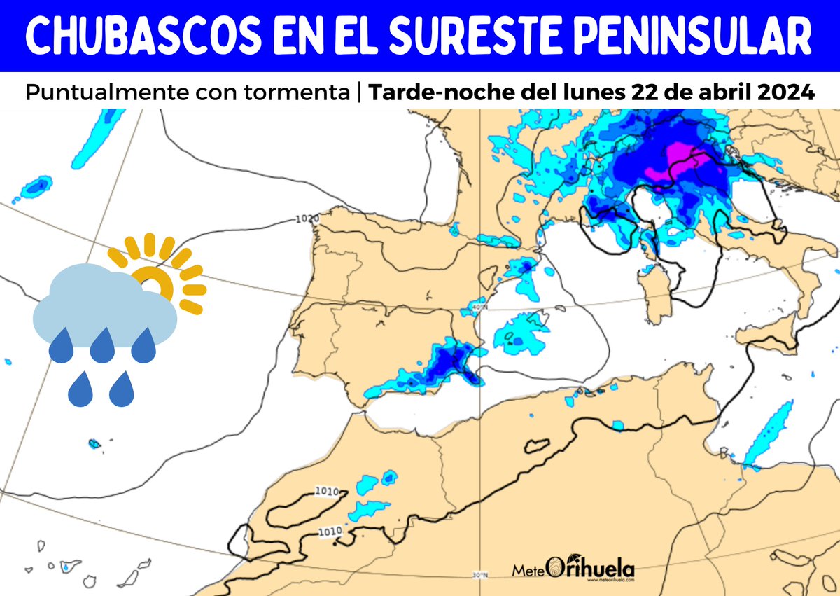 Escenario típico de la #primavera para comenzar la semana que viene. Mañana lunes (22/04/2024) por la tarde-noche, #chubascos en amplias zonas del sureste #PenínsulaIbérica. Puntualmente con #tormenta y #granizo pequeño. No es #lluvia en la puerta de la casa de todo el mundo.