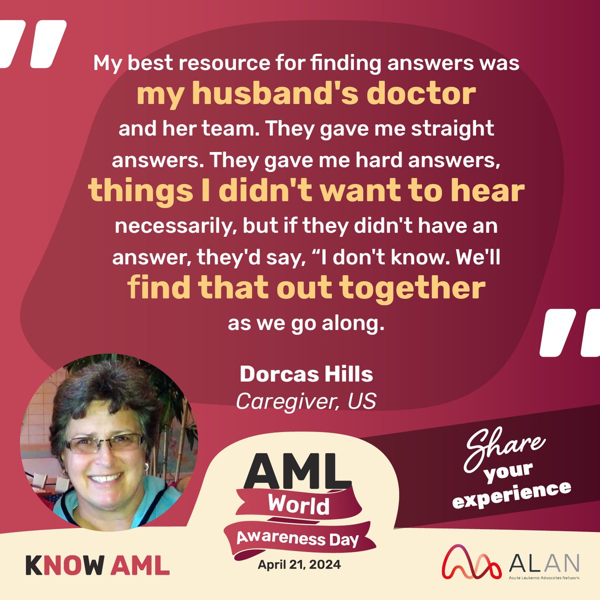 For #AMLWorldAwarenessDay, Dorcas Hills shares her experience: know-aml.com/resources/f8e6… Help raise awareness of #AcuteMyeloidLeukemia by sharing YOUR experience or by liking and sharing this post! #KnowAML #BloodCancer