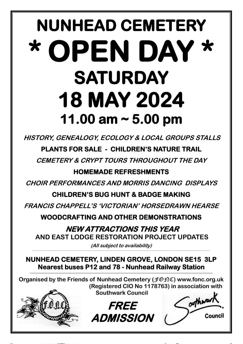 Nunhead Cemetery Open Day Event Poster. Saturday 18th May 2024..Please RT. @WHYCNunhead @CoplestonCentre @ReginaldPopoola @GavinEdwards77 @Victoria_Mills @victoriakpeel @EdibleSE16 @bellsgardenstra @MPSRyeLane @MPSGooseGreen @Altheasmith14 @theoldnunshead @thepyro_nunhead