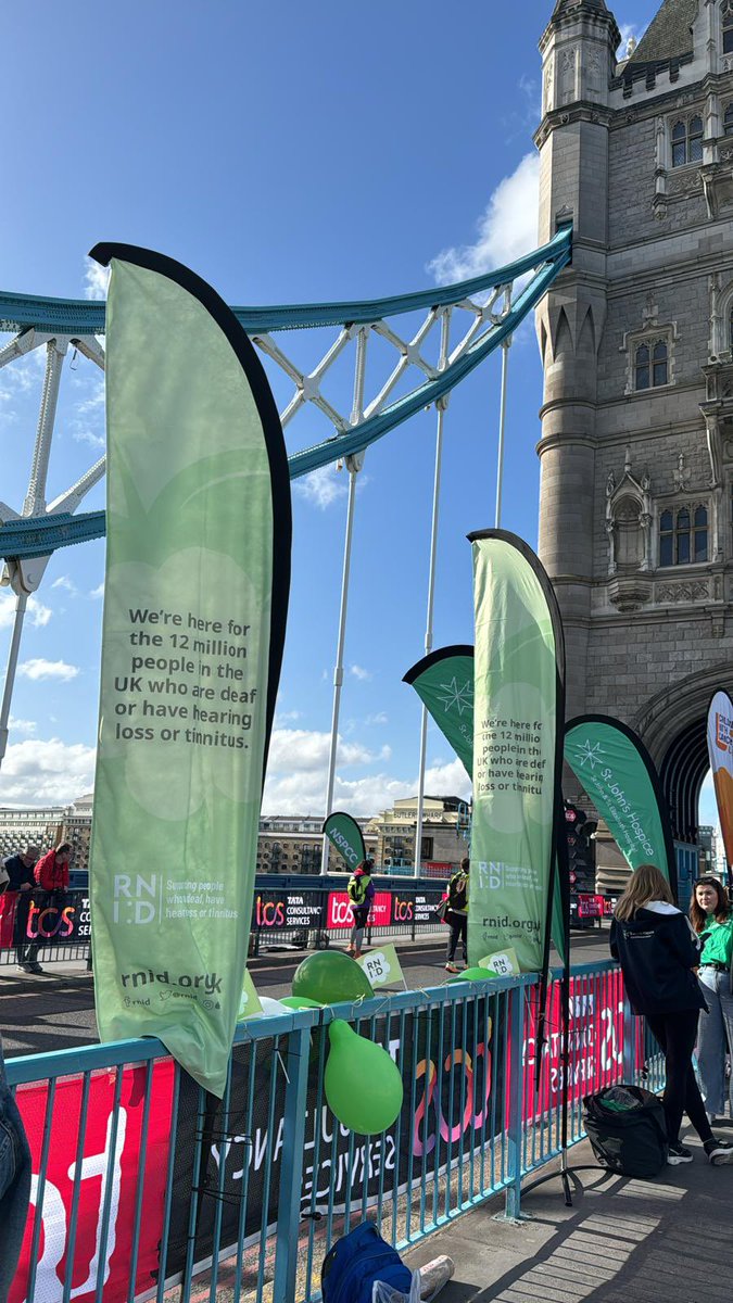 RNID's tweet photo. Today’s the day! And it’s not a bad spot to get cheering for our runners!
We’re here waiting for #TeamRNID runners at the #LondonMarathon to run past us at Tower Bridge, Canary Wharf and Embankment today!
Come and say hello if you see us! 💚 https://t.co/U1zmijLErI