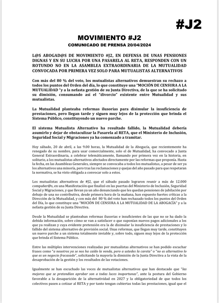 ComunicJ2Madrid's tweet photo. ‼️‼️Comunicado de prensa 20A‼️‼️ de @MovimientoJ2 #MovimientoJ2 posterior a Asamblea General Extraordinaria de Mutualidad 20 de abril 2024
#UnicaSolucionPasarelaJ2 
#13APasarelaAlRetaYa 
#YoVoy13AMadridJ2 

⬇️⬇️⬇️⬇️⬇️ https://t.co/Ziqbyejdsj