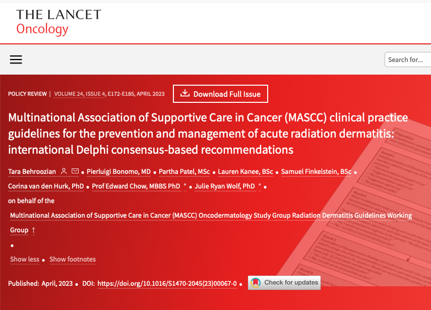 Just out on <a href="/TheLancetOncol/">The Lancet Oncology</a>  by our <a href="/partners/">Partners</a> at <a href="/CancerCareMASCC/">MASCC</a> guidelines for Prevention &amp; mgt of
 ACUTE RADIATION ☢️DERMATITIS

Delphi consensus process involving international experts identified evidence-based interventions, including:

✅photobiomodulation therapy
✅Mepitel