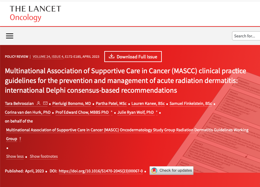 Just out on @TheLancetOncol by our @partners at @CancerCareMASCC guidelines for Prevention & mgt of ACUTE RADIATION ☢️DERMATITIS Delphi consensus process involving international experts identified evidence-based interventions, including: ✅photobiomodulation therapy ✅Mepitel…