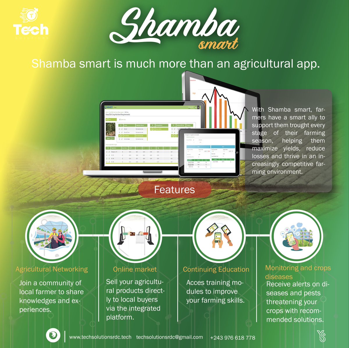 Discover #ChambaSmart: the agricultural revolution by Tech Solutions! 💡 Thanks to IoT and AI, our app offers accurate data and personalized recommendations for more productive agriculture in DRCongo! 🌱📱 #SmartAgriculture