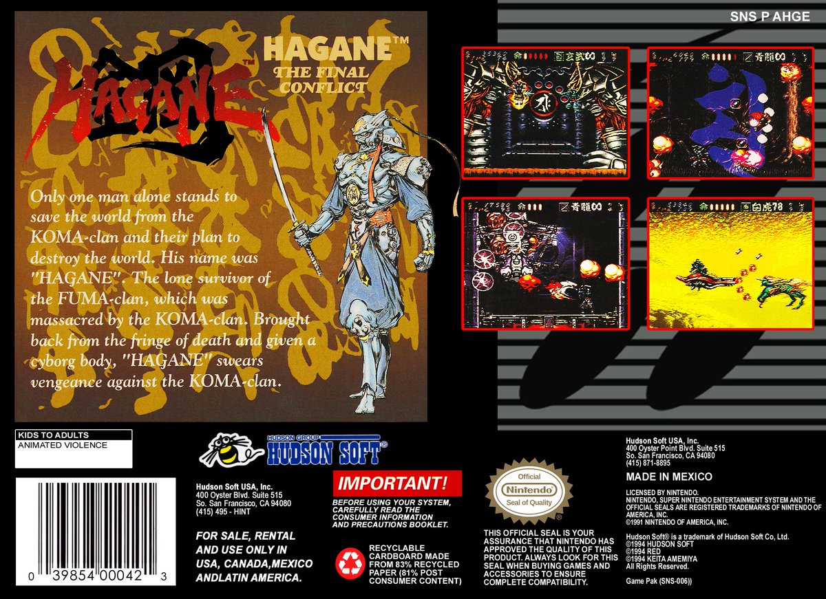 RetroGameGeeks's tweet image. HAGANE - THE FINAL CONFLICT: In 1994 a dying ninja was turned into an extremely powerful cyborg in order to get his revenge. A superb action platform game from CAProduction for the Super Nintendo, did you ever punish the evil Koma Clan? #retrogaming #Nintendo #SNES #90s #gaming