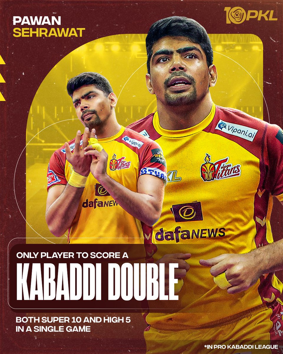 Pawan Sehrawat is the only player in #PKL history to score a #KabaddiDouble not just once but twice 🤯
👉 Season 10, Match 123
👉 Season 8, Match 125

𝐊𝐚𝐛𝐚𝐝𝐝𝐢 𝐃𝐨𝐮𝐛𝐥𝐞 🟰 A rare instance where a player scores a Super 10 & High 5 in a single match 😮

#ProKabaddiLeague