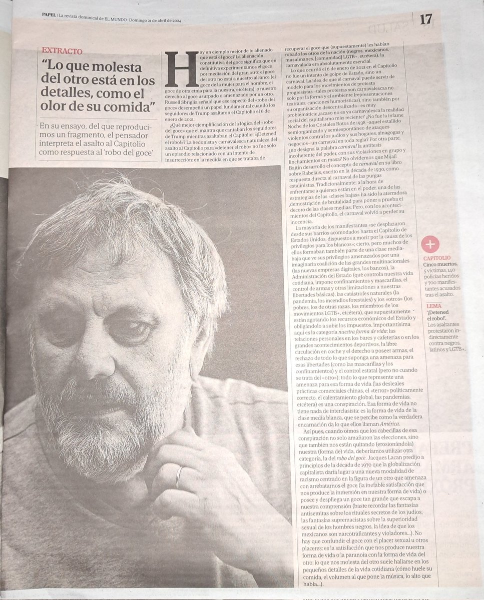 Entrevista imprescindible a Slavoj Žižek en la edición impresa de @Papel_EM del 21-04-24 por @josmrobles (@elmundoes, @LaLectura_EM). Sexo, goce y/o placer; política, fundamentalismo, populismo, hedonismo, autoritarismo... 'El plus de goce' (@EdicionesPaidos). Cc @Slavojiek.