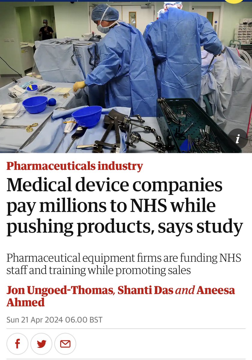 BREAKING: 

Medical device companies pay millions to NHS while pushing products, says study

‘There are concerns that payments from pharmaceutical and medical companies to health organisations can influence clinical decisions to use certain drugs and products’ 

NO SHIT SHERLOCK
