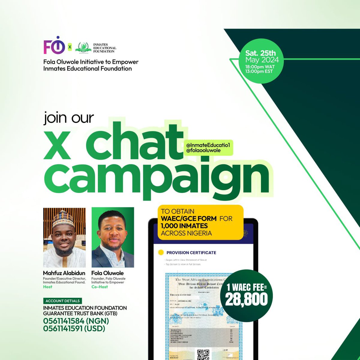 inmatesedu's tweet photo. Join our conversation on X with Fola Oluwole, founder of Fola Oluwole Initiative to Empower, Saturday May 25, 2024. We want to raise funds to obtain WAEC/GCE for 1000 inmates across correctional facilities in Nigeria. 

Your kind donation will go a long way to liberate and reform https://t.co/xAI2CtVL2H