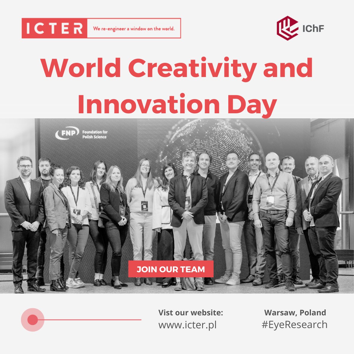 Today we celebrate World Creativity and Innovation Day, initiated by the United Nations in 2002. Our research to advance the diagnosis and treatment of eye diseases is driven by creativity.
📢 Join our innovative team: icter.pl/careers/. 
#Hiring #JobOffer #EyeResearch