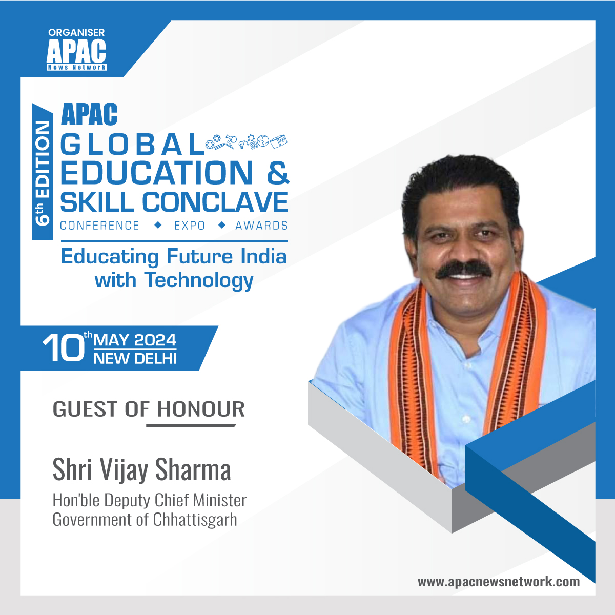 Apacnewsnetwork's tweet photo. We are ecstatic to announce Shri Vijay Sharma, Hon'ble Deputy Chief Minister, #ChhattisgarhGoverment as our esteemed Guest of Honour.
Visit Us - https://t.co/vAWgRydcqF
#GESC2024 #APACEducation #APACSkill #APAC6thGESC #APACHE #APACSchoolEducation #Chhattisgarh @vijaysharmacg https://t.co/uAZUIcMWmk