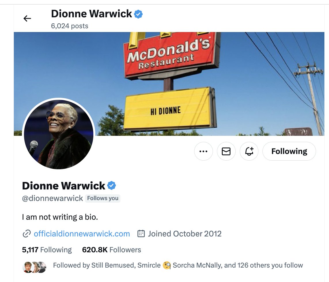 wtf!! Just woke up to find @dionnewarwick follows me!! Must be a mistake, but chuffed! Was only saying to wife the other night how amazing she is. Think I need to paint her now.
