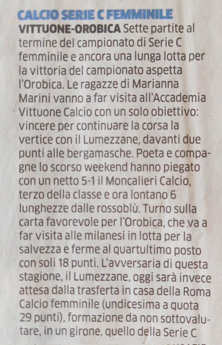 Rassegna stampa 🗞️🗞️🗞️ 
Ecco l'articolo odierno de L'Eco di Bergamo sul match tra Vittuone e Orobica, in campo oggi alle 15.30 🏟️
#GOSHARKS❤️🦈🦈💙