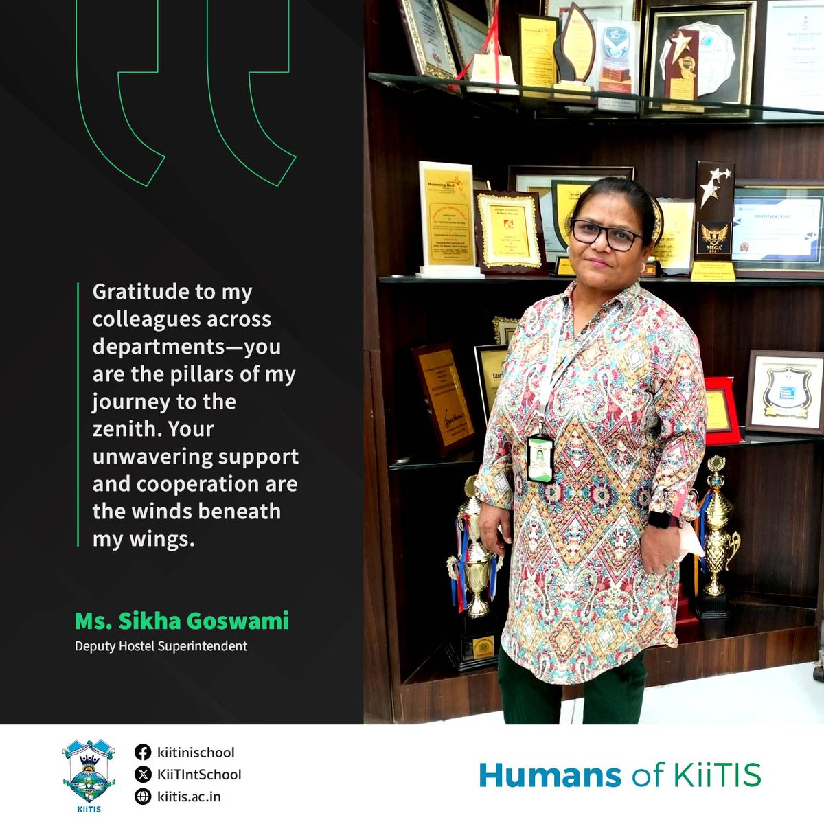 A moment etched in my memory is the recognition I received on January 26, 2020, a testament to the enriching path we tread together at KiiTIS.
To everyone who has been part of my journey, a heartfelt thank you.
Together, we soar higher!

~ Ms. Sikha Goswami

#Humansofkiitis