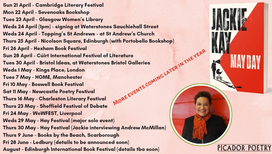 'Jackie Kay is the people's poet because she puts language where it starts- in our mouths, & holds it where it belongs- in our hearts': Jeanette Winterson on @JackieKayPoet's magnificent, moving & rousing new collection #MayDay. Tour starts TODAY; hope to see you along the way!🌹