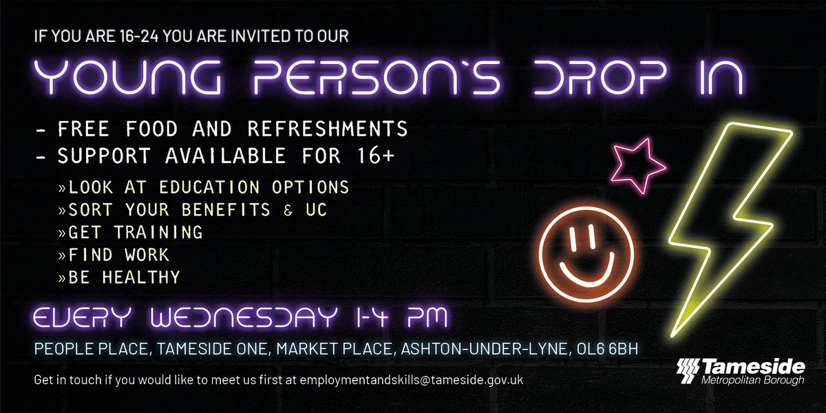 Do you need talk to someone about your next steps around money, training, work or health advice? If you're 16-24 come along to the Young Persons Drop In 👇 📆 Every Weds 🕐 1-4pm 📍 People Place, Ashton Library You can contact: 📧 employmentandskills@tameside.gov.uk