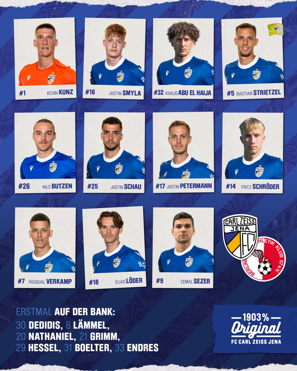 fccarlzeissjena's tweet photo. 𝐀𝐔𝐅𝐒𝐓𝐄𝐋𝐋𝐔𝐍𝐆
Mit dieser Mannschaft treten wir im heimischen Paradies gegen den Berliner AK an 💙💛🤍
Khalid gibt sein Debüt in der Innenverteidigung neben Kapitän Bastian Strietzel 💪
#FCC #MehrAlsFussball #fccarlzeissjena #FCCBAK #regionalliga #regionalliganordost https://t.co/Hcodst8VDc