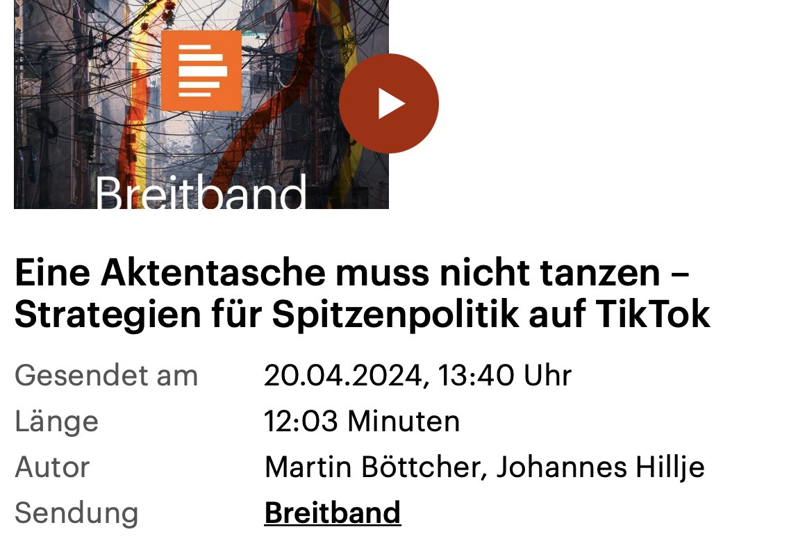 'Die Politisierung einer Plattform verändert immer auch deren Kommunikationskultur. Statt zu tanzen, kochen oder handwerken, sollte Politik auf #TikTok als eigenes Genre gedacht & kommuniziert werden'. Darüber habe ich mit @dlfkultur/@breitband gesprochen: deutschlandfunkkultur.de/eine-aktentasc…