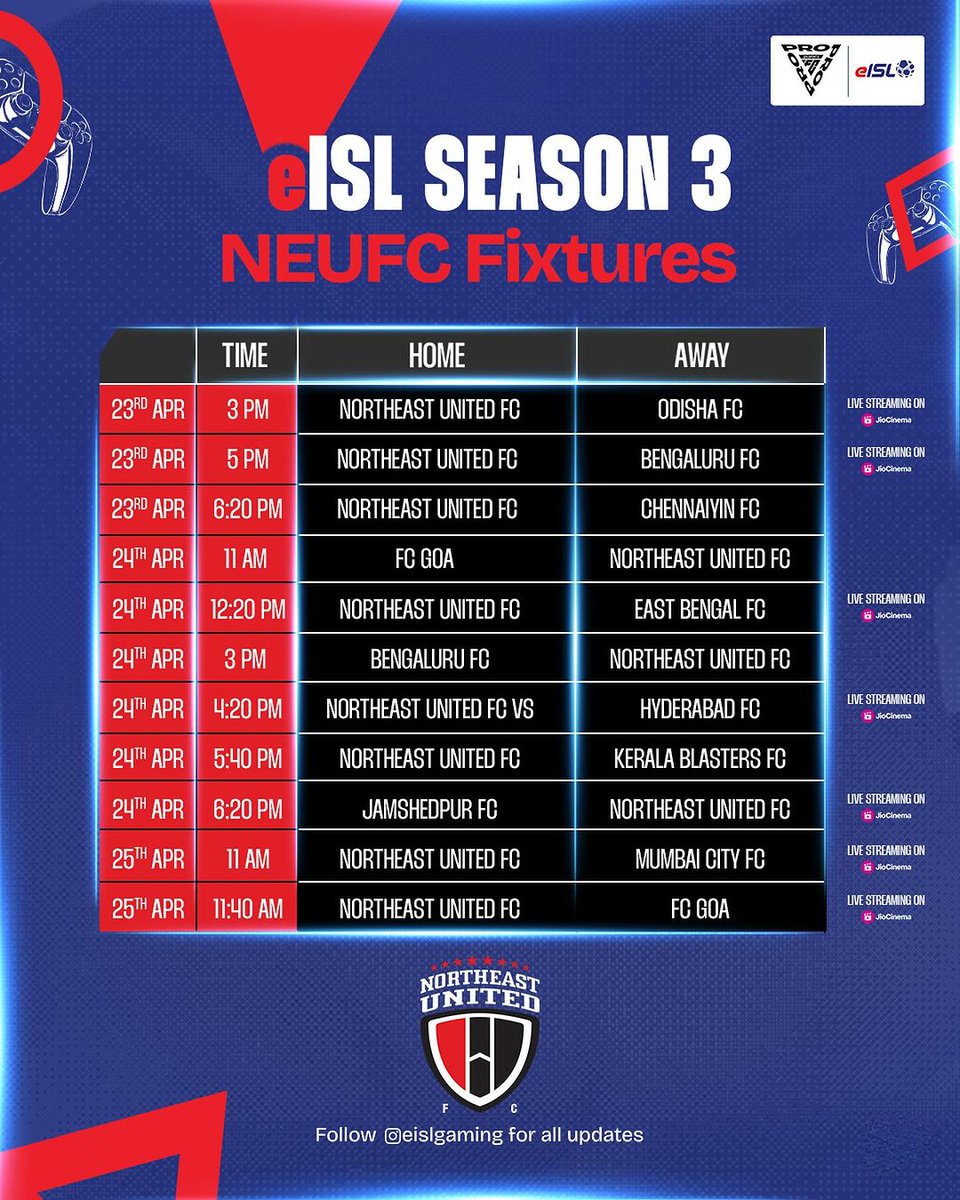 The third season of eISL commences today. Here are the fixtures for NEUFC, represented by Charanjot Singh.

[Via eISL Gaming IG]

#NEUFC #eISL #eISLSeason3 #HighlanderzHub