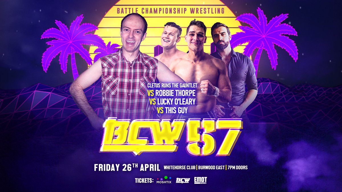 ***BCW 57 FINAL MATCH ANNOUNCEMENT*** Our final match announcement for BATTLE CHAMPIONSHIP WRESTLING 57 features EVERYBODY’S FAVOURITE BOGAN CLETUS running the Gauntlet against THIS GUY, BARRY LUCKY O’LEARY and THE GIFT ROBBIE THORPE! Book here: moshtix.com.au/v2/event/battl…