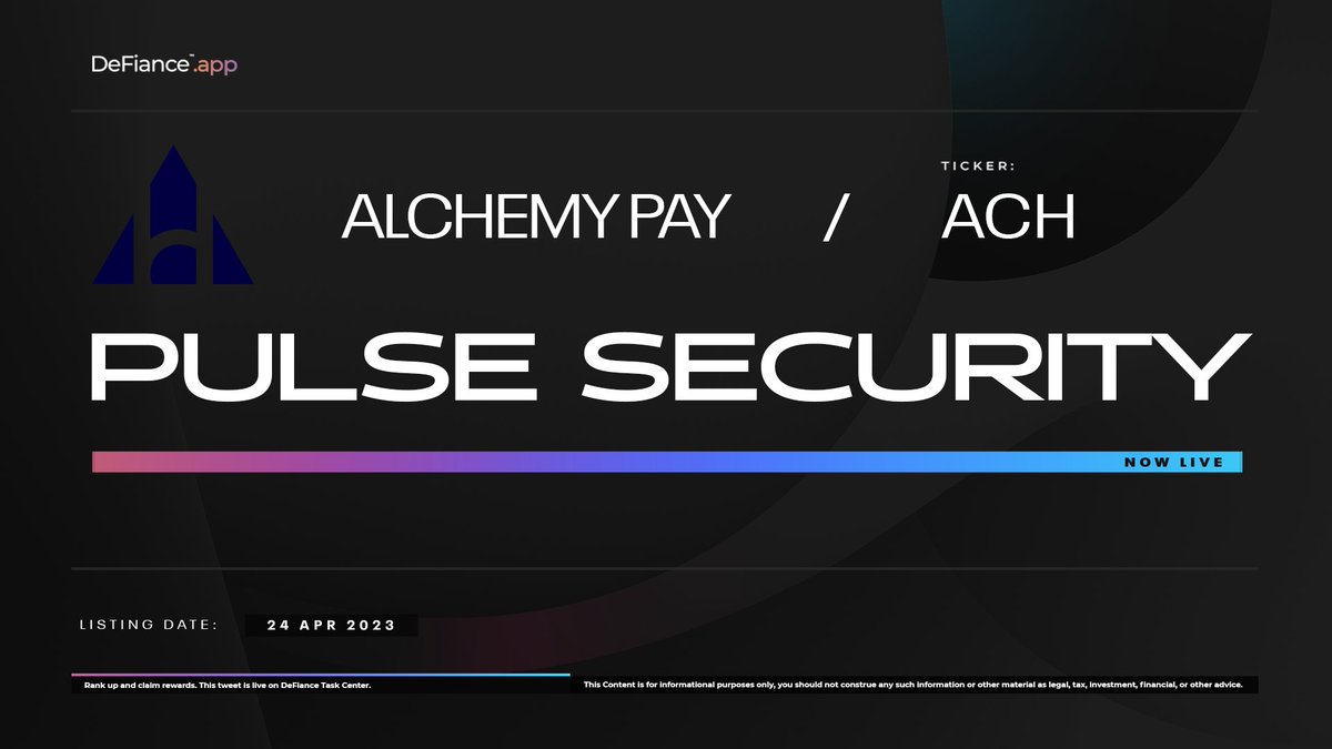 .@AlchemyPay Pulse Security is now live on DeFiance.app/Pulse/Alchemy_…. #Pulse collects carefully analyzed data from protocols, our partners and Divine DeFiants to assess the strengths and weaknesses of a protocol. Review-to-Earn: users.DeFiance.app. $ACH #DeFianceApp