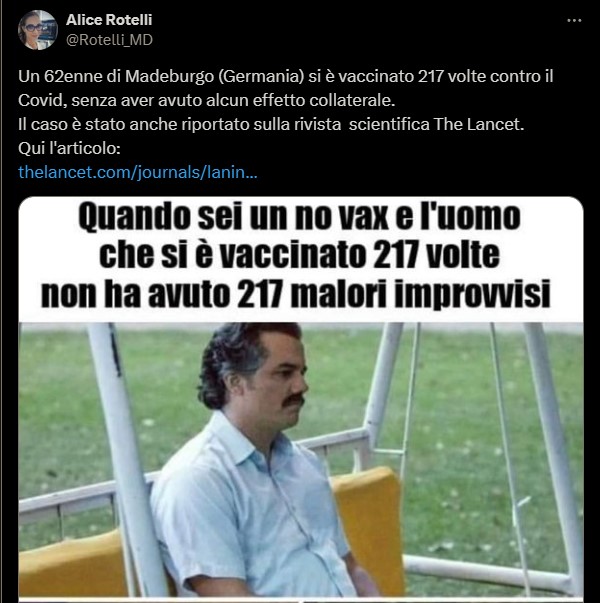 Praticamente la Rotelli, sostenuta da tutto l'universo di #troll #provax, e già ampiamente descritta da @silvernervuti è stata premiata da una giornalista 🤣 Leggete l'articolo, allego un esempio della sua 'divulgazione scientifica' la storiella del tizio vaccinato 217 volte 🤣