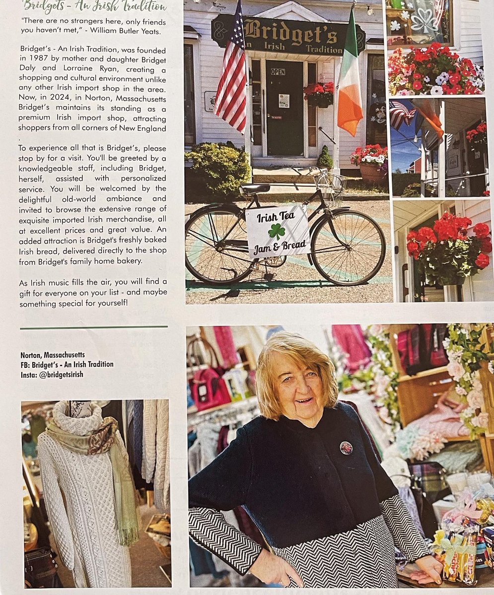 We're delighted to be included in this issue of Spirit of Ireland magazine.  Stop by &amp; pick up a complimentary copy of this fantastic, information filled travel magazine. Free with any purchase over $10. ($4.95 value) 

Bridget's - An Irish Tradition • 88 West Main Norton, MA