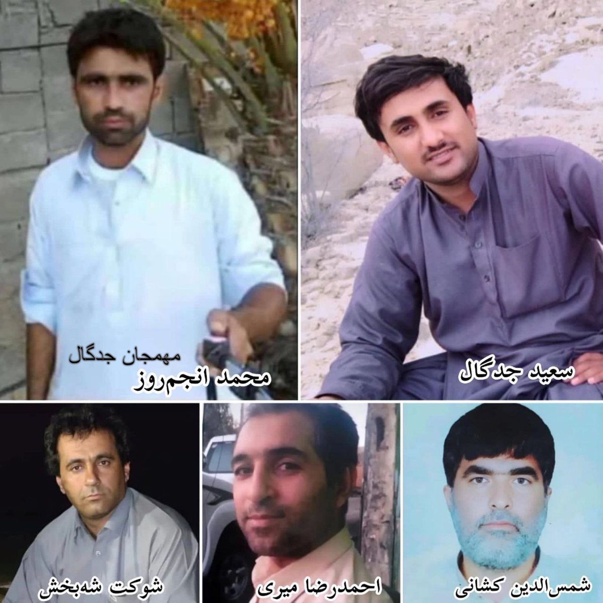 OmarBaloch___'s tweet photo. At dawn today, 6 Baloch citizens were executed by Iran and 5 of them were identified
Saeed Jadgal
Mohammad anjamroz “Mamjan Jadgal”
Shamsudeen Kashani
AhmazReza Amiri
Shokat Shahbaksh
#StopBalochGenocide
#StopBalochExecution
#BalochistanIsNotIran #Baloch #Balochistan https://t.co/JcAkaIo7qh