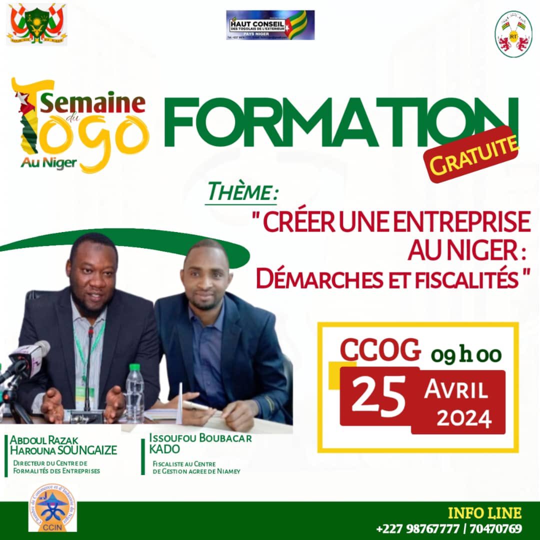 HcteNiger's tweet photo. Dans le cadre de l’organisation de #LaSemaineduTogo , il est organisé en faveur de tous une formation sur le thème : « Créer une entreprise au Niger: Démarches et Fiscalités »

@EdemKanlekou 
@DogbeVictoire 
@PresidenceTg 
@PresidenceNiger https://t.co/CFp9WKwRqU