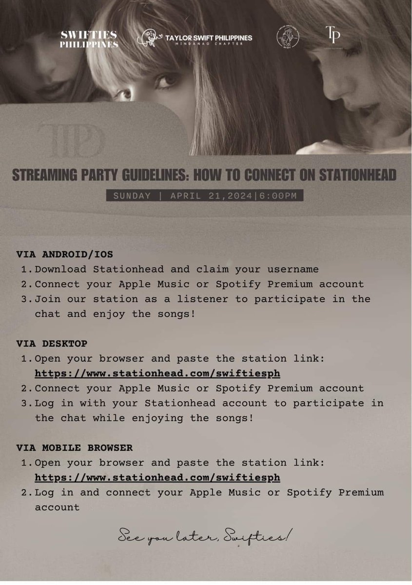 CALLING ALL FILIPINO SWIFTIES 🤍 HAPPENING NOW @StationHead 🎧 Join us on this country-wide streaming party! stationhead.com/swiftiesph Take note that: entering the Stationhead shall automatically count as a stream on Apple Music/Spotify! ✨ #TTPDPH #ttpdlisteningparty