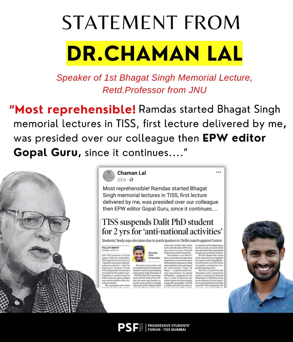 psftiss's tweet photo. @ProfChaman, speaker of the first Bhagat Singh Memorial Lecture extends solidarity to Com. Ramadas!✊

#JusticeforRamadas
#RevokeSuspension
#injusTISS https://t.co/PqX96hVE4h