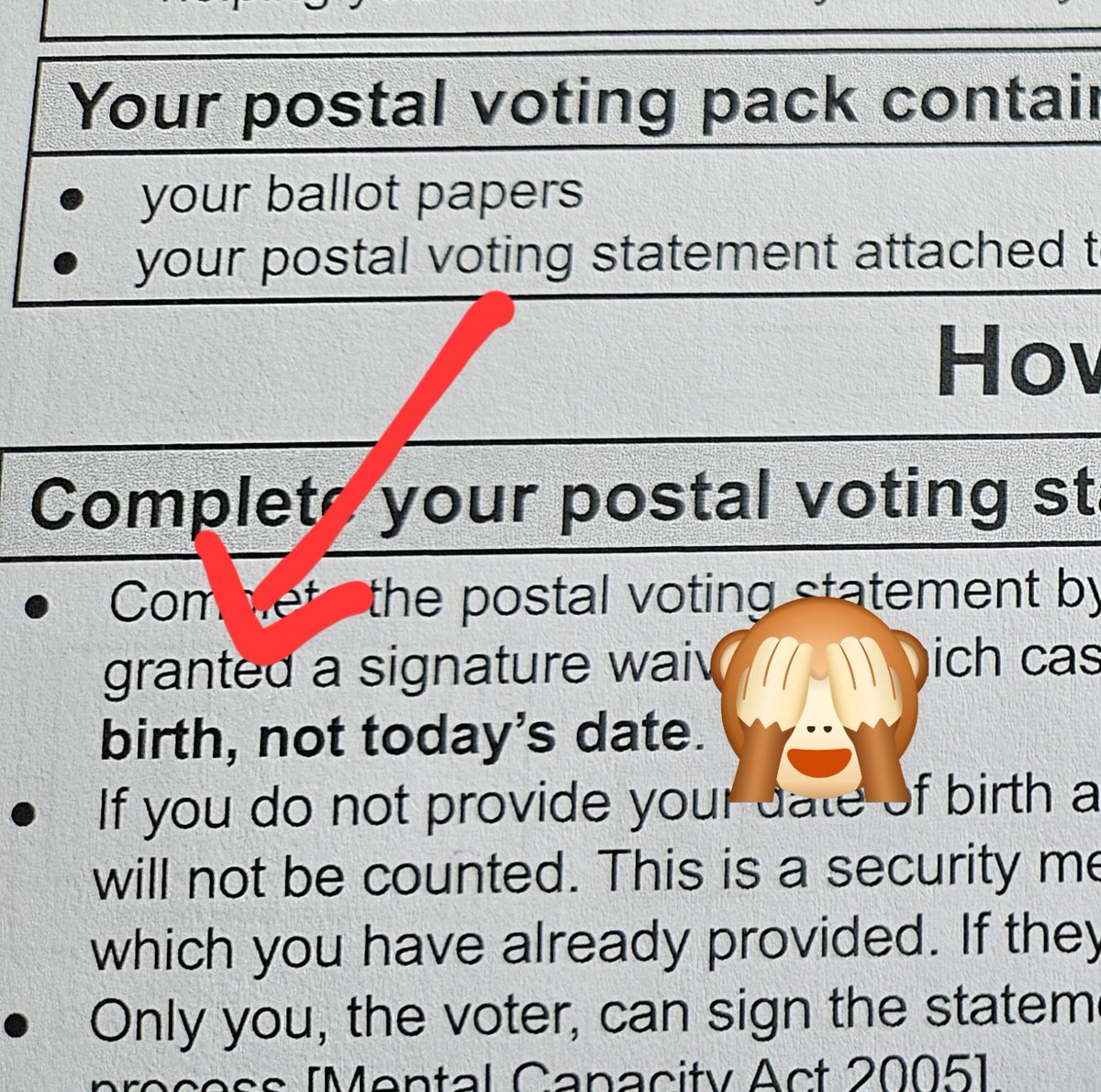 JonPreech's tweet photo. I chuckle every time I read this: "Make sure it's your date of birth, not today's date." on my postal vote instructions. Although I can see myself doing it wrong, so it's a welcome warning. #GLAElections #voteByPost https://t.co/1wBParkjVl