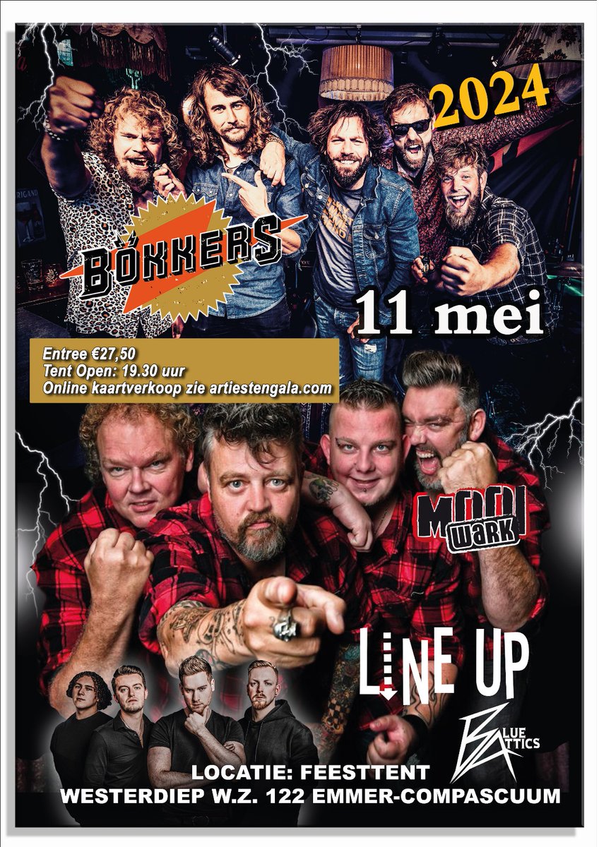 HarmOosten's tweet photo. 'T dak giet eraf!!
Wij gaan knallen met elkaar in Emmer-Compascuum. Want de bands die dit  zullen doen zijn BÖKKERS, MOOI WARK en BLUE ATTICS  

Bestel nu je tickets online op.
https://t.co/ZMDFGkUK9I  

Entree €.27,50
Tent  open 19.30 uur https://t.co/svMVIARypy