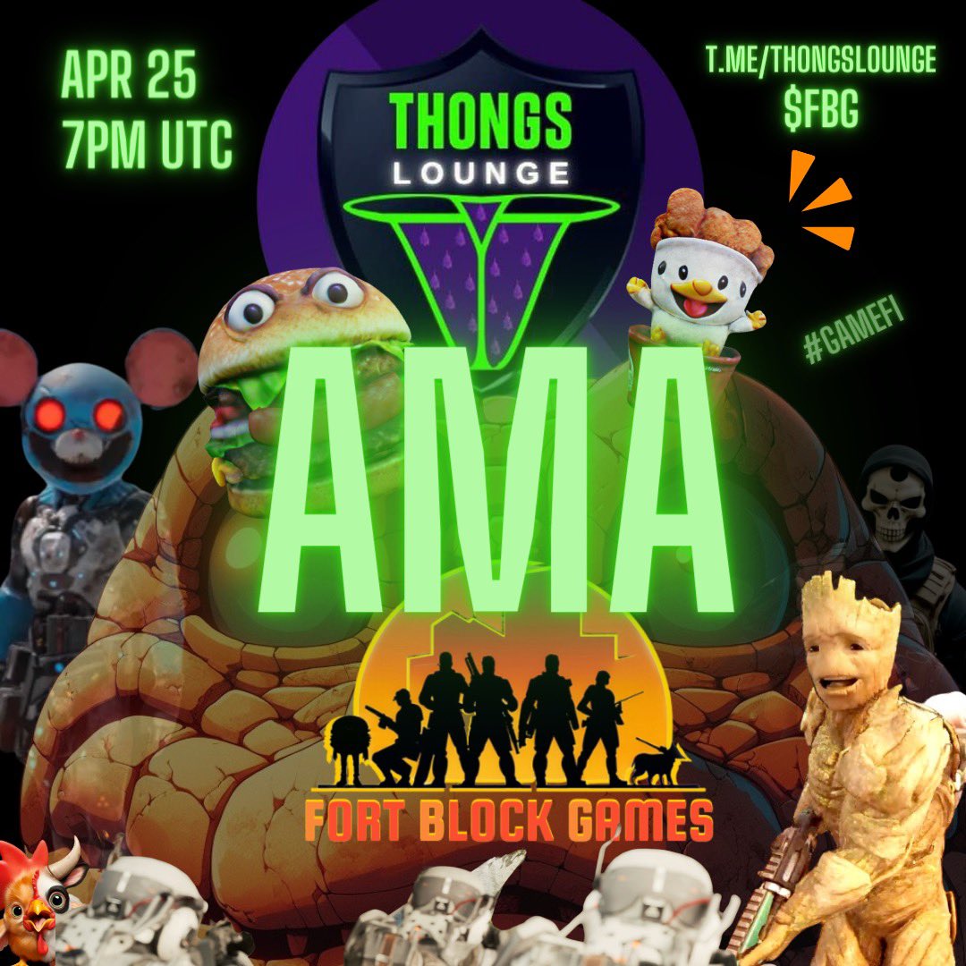 Good Morning Fort Block Family ! Join us this Thursday for another AMA at 7 pm UTC 🦅🍔🐊 We will be in the Thongs Lounge Telegram Channel discussing all things $FBG so make sure to stop in, say hi, ask any questions, and most likely get an Alpha slip or two 😎 See y’all