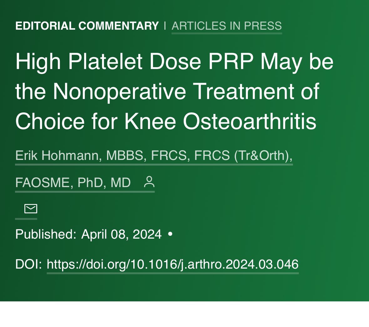Orthopedic surgeons and journal editors may be coming around thanks to Dr. Berrigan et al. #prp #dosematters

arthroscopyjournal.org/article/S0749-…