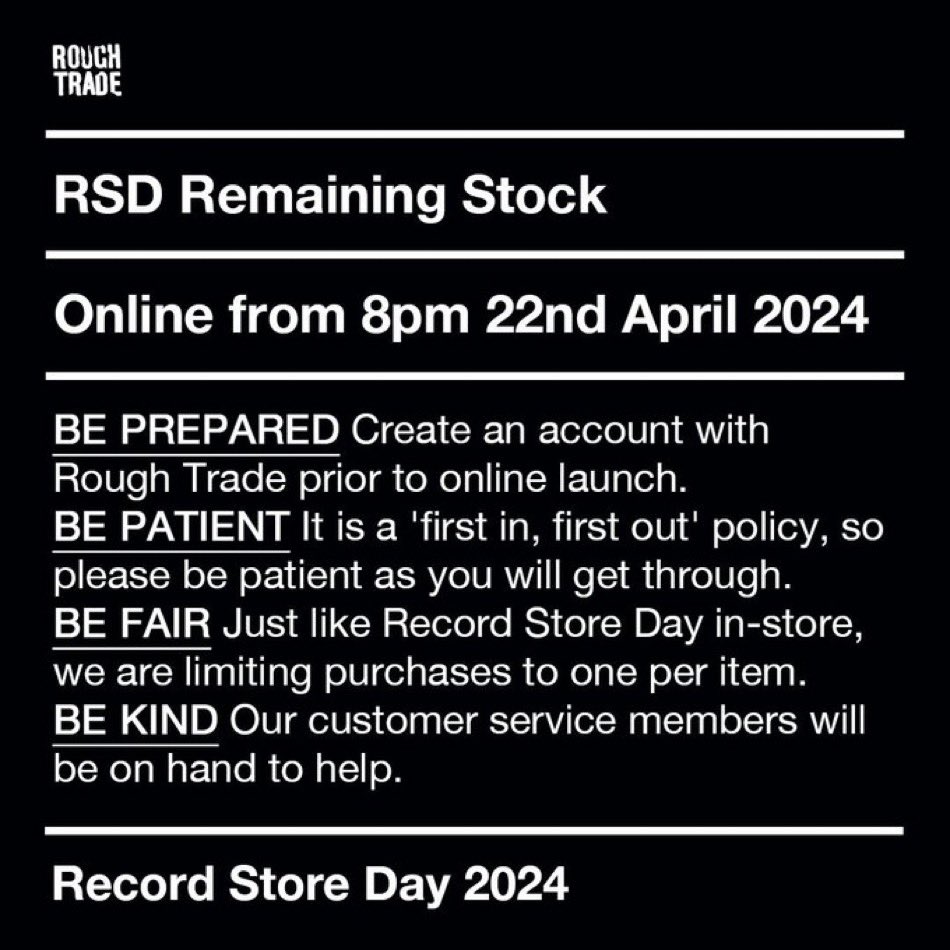 #RSD24 Remaining Stock If you missed out on the day, you still have a chance to grab @RSDUK exclusive vinyl releases. We expect high traffic and plenty of orders across the site, so before buying please note the key points below. Browse titles >>> roughtrade.com/en-gb/collecti…