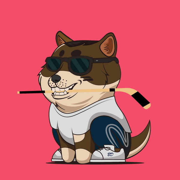 A baby doge NFT with baller fur and boxer hair sits on a red background wearing fresh clothing and cool shades. Its hockey player mouth adds to its coolness. It dreams of becoming a famous athlete one day.