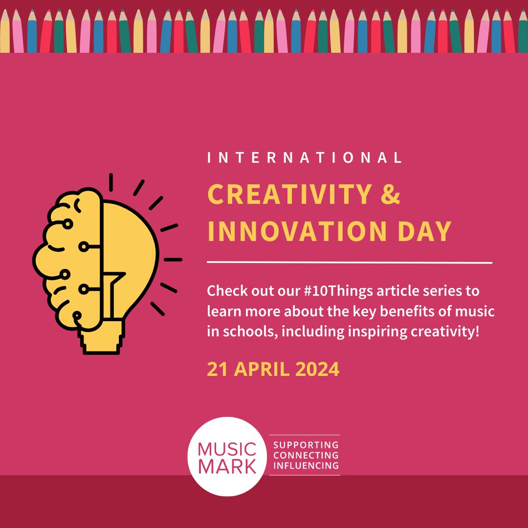 Happy International Day of Creativity & Innovation from Team Music Mark! 🎶 Music is inherently creative & enables young people to develop their creativity, so today we encourage you to check out our #10Things article all about this topic 📰 🔗Read more: ow.ly/VJNv50RiQv0